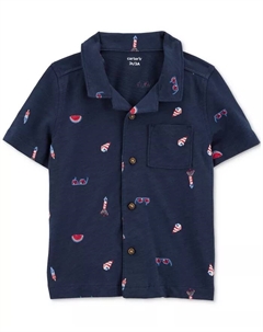 Футболка для мальчиков с принтом в виде иконок ко Дню независимости США, хлопковая, на пуговицах, синий Carter`s