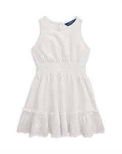 Платье из хлопкового джерси с вышивкой и ажурными деталями для девочек - маленькие дети, белый Ralph lauren