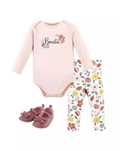 Комплект для девочек Hudson: боди с длинным рукавом, штанишки и пинетки Love Flowers, 6-9 месяцев, розовый Hudson baby