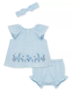 Комплект для девочки: 3 предмета (сарафан и повязка на голову) с вышивкой цветов из шифона, модель Sunsuit & Headband Set, синий Little me