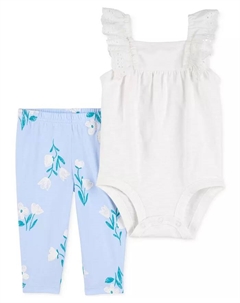 Комплект для девочек: боди с хлопковыми кружевными рукавами-крылышками и брючки с цветочным принтом, 2 предмета, синий Carter`s