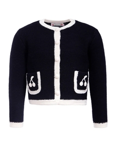 Шерстяной кардиган с аппликацией в виде вишни, синий Bonpoint