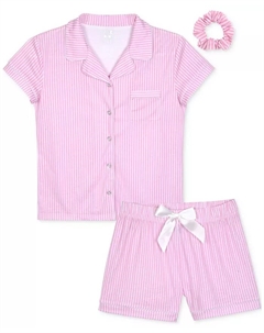 Пижамный комплект для девочек постарше с полосками, топ на пуговицах и шорты, 3 предмета, с резинкой для волос, розовый Max & olivia