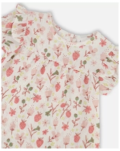 Платье и шортики для девочки из пестроткани с принтом "розовые цветы на кремовом фоне", белый Deux par deux