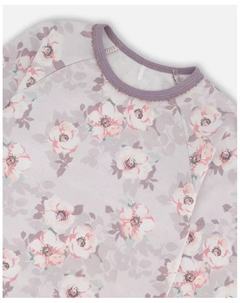Пижамный комплект для девочек с длинным рукавом и брюками из хлопка с принтом "Нежно-розовые цветы на нейтральном сиреневом" Big Girls, фиолетовый Deux par deux