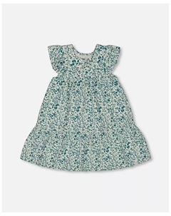Платье для девочки из органического хлопка с принтом Small Turquoise Flowers, зеленый Deux par deux
