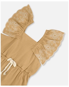 Детское платье из шамбре с вышивкой для девочек - подростковый размер, коричневый/бежевый Deux par deux