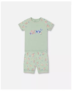 Хлопковый комплект из двух частей, короткая пижама для девочек, маленькие розовые и голубые цветы на светло-шалфейном фоне - Малыш|Ребенок, синий Deux par deux
