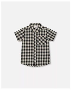 Детская рубашка с коротким рукавом на пуговицах для мальчиков, черно-бежевая клетка, черный Deux par deux