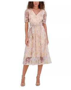 Женское миди-платье с вышивкой из сетки и поясом на завязках, коричневый/бежевый Kensie