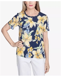 Женский топ с цветочным узором и плетеным воротником-гольф, синий Alfred dunner