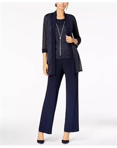 Металлический брючный костюм, топ и колье в комплекте, синий R&m richards