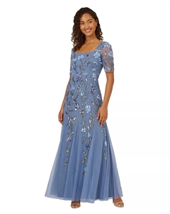 Женское платье с квадратным вырезом и бисерной сеткой, синий Adrianna papell