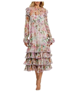 Длинное платье с цветочным принтом, рюшами и воротником на завязках, мультиколор Mac duggal
