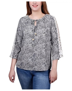 Укороченная туника с рукавом 3/4, кружевной отделкой и завязками на горловине, синий Ny collection