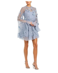 Украшенное платье-трапеция с длинными расклешенными рукавами из сетки, синий Mac duggal