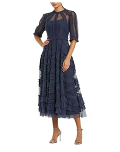 Платье с высоким воротником, пышными рукавами и ярусами из рюш, синий Mac duggal