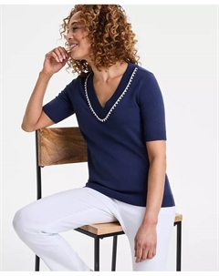 Женский свитер с декоративными элементами и рукавом 3/4, синий Jm collection