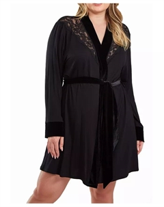 Халат Layna Plus Size из велюра и бархата с кружевной отделкой и завязками на резинке, черный Icollection