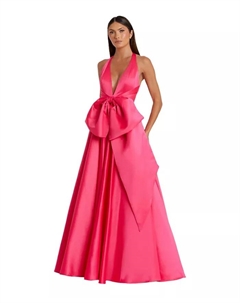 Женское сатиновое платье с глубоким V-вырезом без рукавов и объемным бантом, розовый Mac duggal