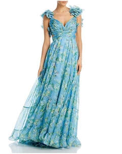 Женское платье из шифона с цветочным принтом, многоярусной рюшами и вырезами, синий Mac duggal