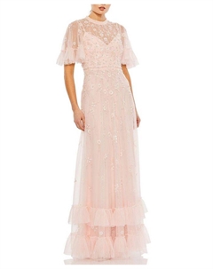 Платье-трапеция с рюшами, цветочным декором и расклешенными рукавами, оранжевый Mac duggal