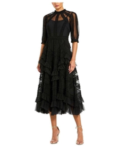 Платье с высоким воротником, пышными рукавами и ярусами из рюш, черный Mac duggal