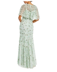 Украшенное платье-труба с иллюзорными рукавами-накидкой, зеленый Mac duggal