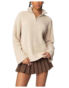 Свитер оверсайз с высокой горловиной и молнией Amour, коричневый/бежевый Edikted