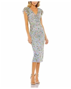 Цветочное платье с декоративными вставками и рукавами-крылышками, серый Mac duggal