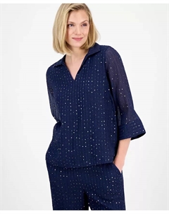 Женский блузка с воротником и жатым эффектом из пайеток, синий Jm collection