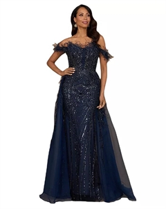 Женское платье Illusion Neck с длинными расклешенными рукавами, синий Lara