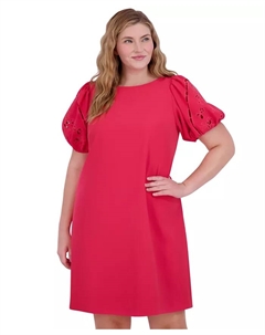 Платье-трапеция с пышными рукавами из стрейч-крепэ больших размеров, розовый Vince camuto