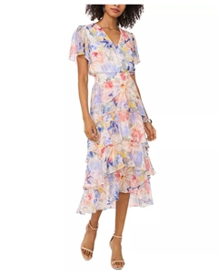 Женское миди-платье с цветочным принтом, ярусами и расклешенными рукавами, мультиколор Vince camuto