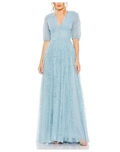 Платье с V-образным вырезом, пышными рукавами, рюшами и ярусами силуэта А-силуэта, синий Mac duggal