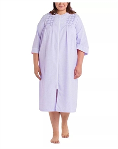 Плюс сайз халат из пике с застежкой-молнией спереди и рукавом 3/4, Plus Size 3/4-Sleeve Zip-Front Seersucker Robe, фиолетовый Miss elaine