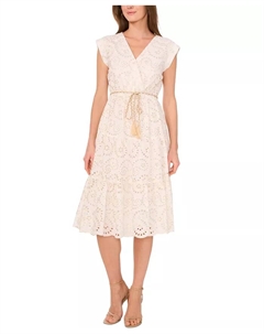 Женское платье миди с вышивкой и ярусным кружевным узором, белый Vince camuto