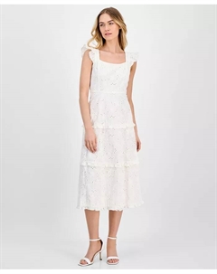 Женское миди-платье с квадратным вырезом и ярусной отделкой в стиле "айлет", белый Anne klein