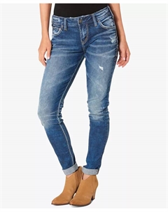 Джинсы Girlfriend Mid Rise с потертостями, синий Silver jeans co.