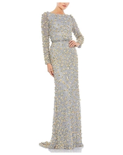 Длинное платье с высоким воротником и длинными рукавами, украшенное декоративными элементами, серый Mac duggal