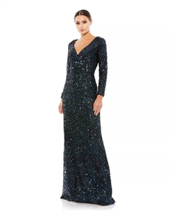 Женское вечернее платье Ieena с пайетками, длинными рукавами и V-образным вырезом, синий Mac duggal