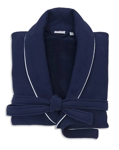 Махровый халат с вафельной структурой и атласной окантовкой, синий Linum home