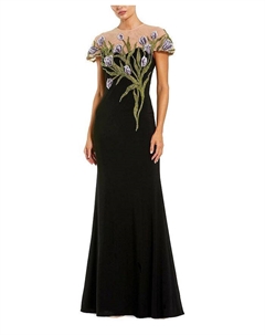 Женское платье с цветочной вышивкой и прозрачной вставкой на горловине Jersey Floral Embroidered Illusion Neck Gown, мультиколор Mac duggal