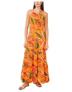 Женское платье макси с высоким воротником, листообразным принтом и ярусным кроем, оранжевый Vince camuto