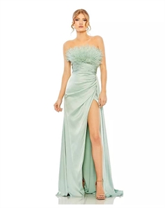 Женское сатиновое платье без бретелей с перьями, зеленый Mac duggal
