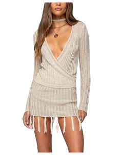 Мини-платье-пончо с кистями вязаное, коричневый/бежевый Edikted