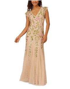 Платье с сетчатыми рукавами-крылышками и бисером, коричневый/бежевый Adrianna papell