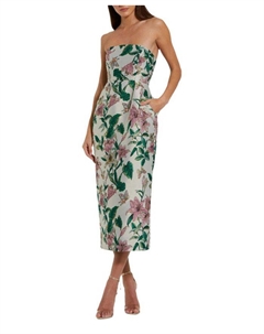 Цветочное брокелированное облегающее миди-платье без бретелей, синий Mac duggal