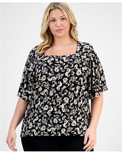 Топ с принтом и рукавами-крылышками больших размеров, черный Jm collection