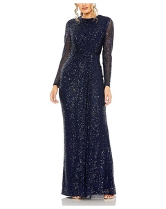 Блестящее платье с длинными рукавами и узлом на боку, синий Mac duggal